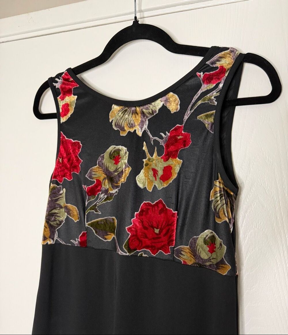 Vintage 90s DJ Int'l Sleeveless Floral Bodice Black Maxi Dress Size 7/8